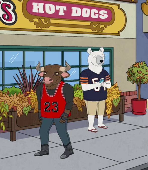 BoJack Horseman still: a bull in a Bulls jersey and a bear in a Bears jersey